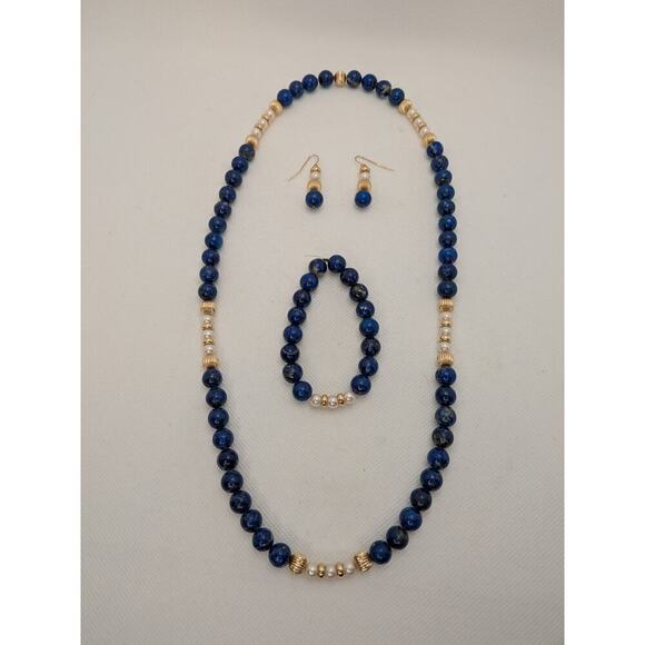 Na Jewelry - Blue Lapis Vintage Necklace Bracelet and Earring Suite with Gold Beads & Pearls